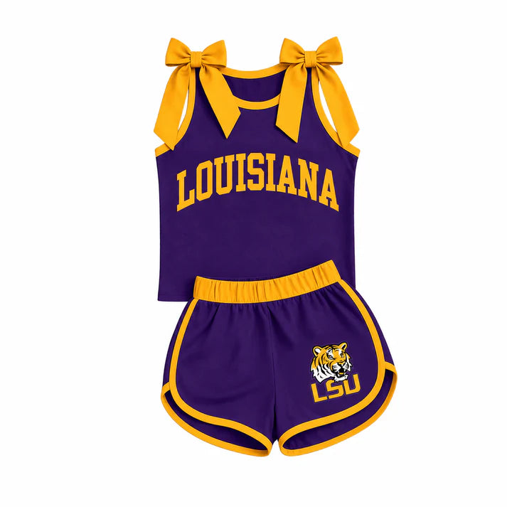 Preorder Baby Girls Purple Orange Bows Sleeveless Top Short LSU Tiger Team Clothes Sets GSSO3832
