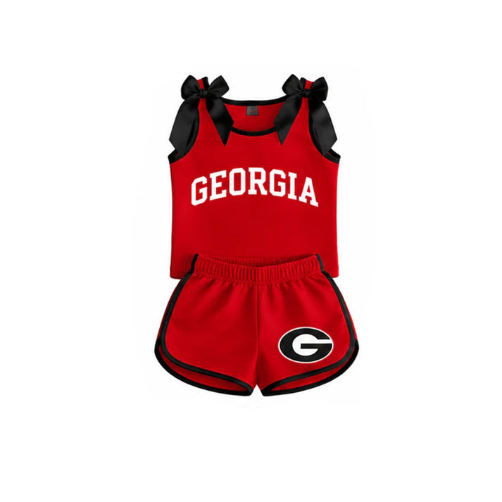 Preorder Baby Girls Red Black Bows Sleeveless Top Short Georgia Team Clothes Sets GSSO3834