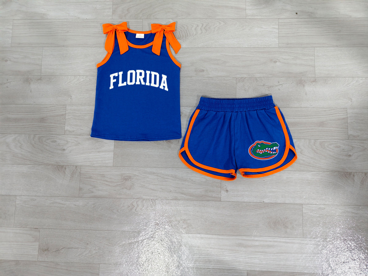Baby Girls Clothes Bows Sleeveless Vinyl Florida Top Pockets Short Team Clothes Set Preorder GSSO3860