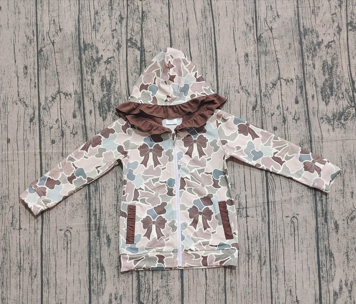 Baby Girls Grey Bows Camo Pockets Zipper Ruffle Hoodies Top Preorder 10.27