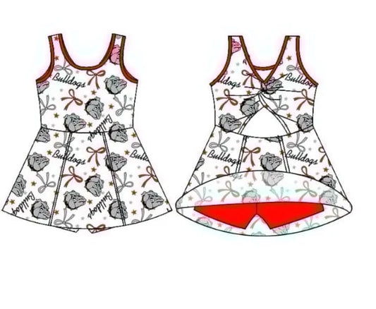 Preorder (moq 5)Baby Girls Sleeveless Bulldogs Bows Football Team Shorts Dresses 7.11