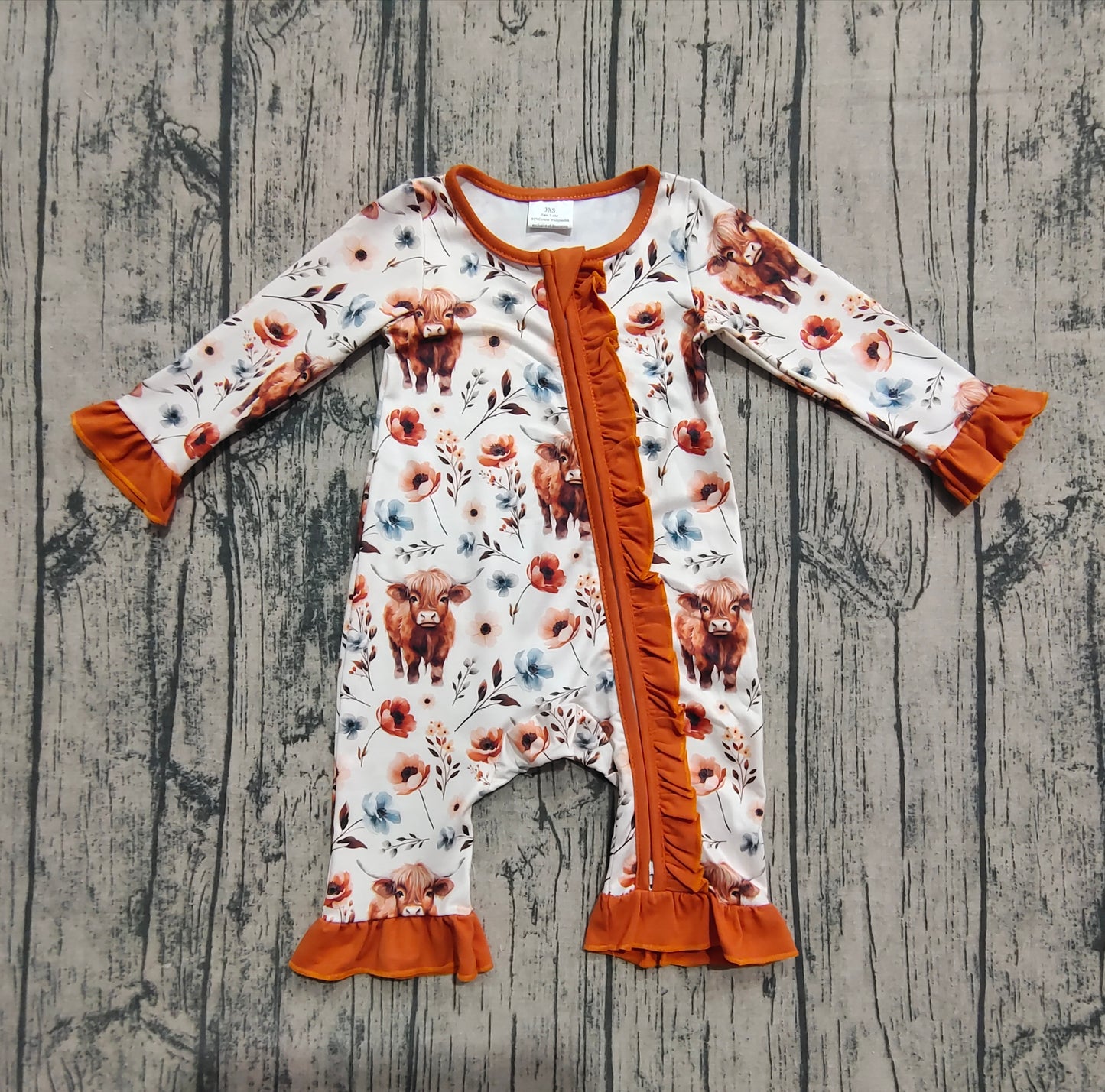 Baby Infant Girls Rompers Western Highland Cow Flowers Zip Rompers preorder LR1624 8.2