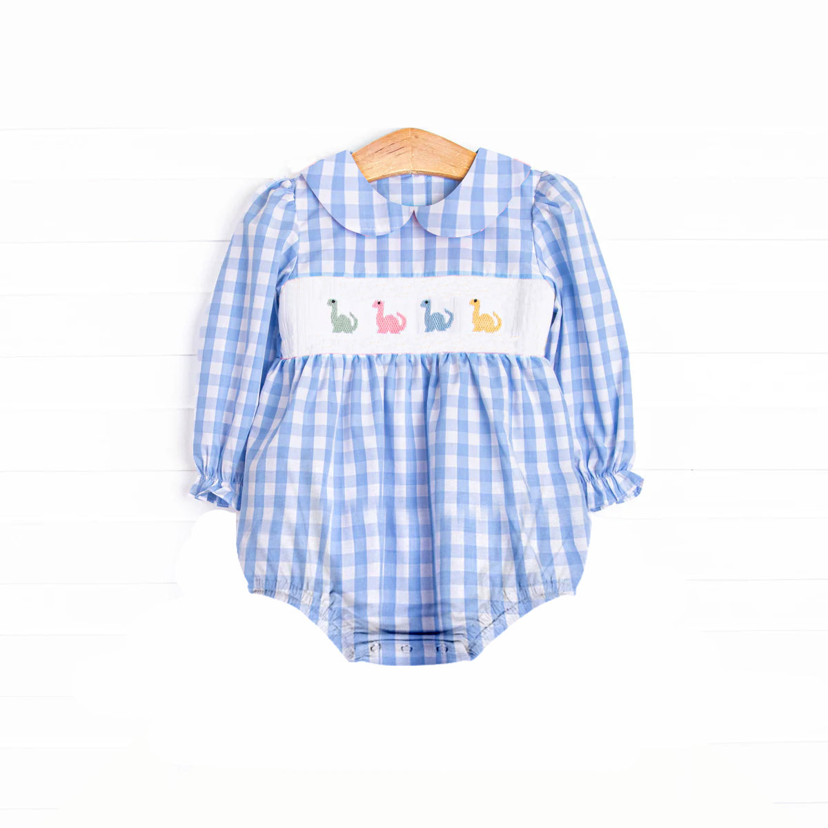 Baby Infant Girls Rompers Blue Plaid Long Ruffle Sleeves Dinosaurs Smocked Rompers Preorder LR2178