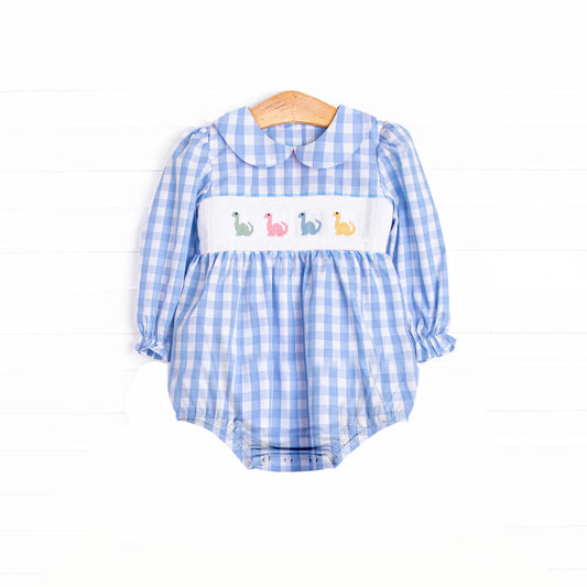 Baby Infant Girls Rompers Blue Plaid Long Ruffle Sleeves Dinosaurs Smocked Rompers Preorder LR2178