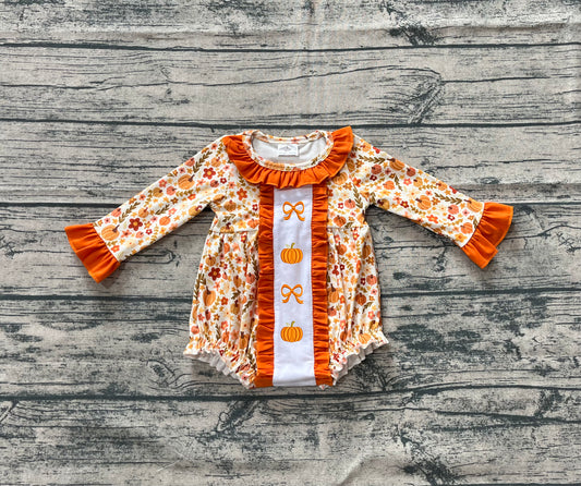 Embroidery Baby Girls Rompers Long Sleeves Bows Pumpkins Floral Ruffle Rompers Preorder LR2228 5.30