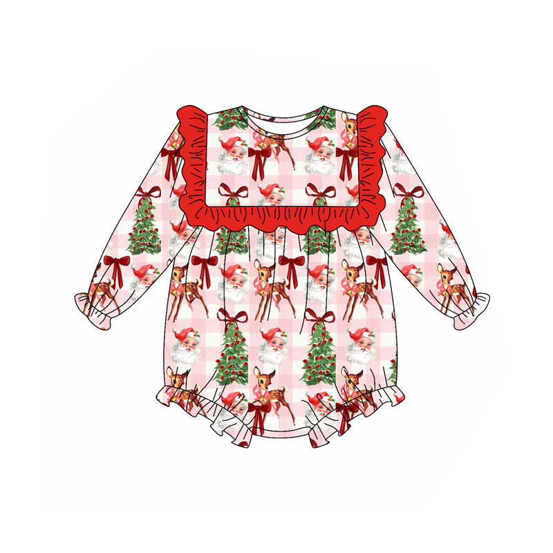 Baby Girls Rompers Long Sleeves Pink Plaid Santa Trees Ruffle Rompers Preorder LR2274 5.30