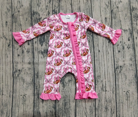 Baby Girls Rompers Long Ruffle Sleeves Pink Bows Footballs Zipper Rompers Preorder LR2361 8.2