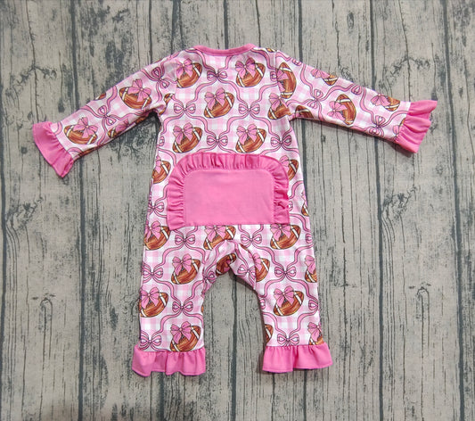 Baby Girls Rompers Long Ruffle Sleeves Pink Bows Footballs Zipper Rompers Preorder LR2361 8.2