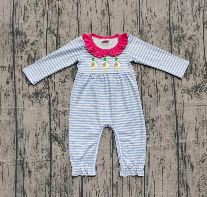 Embroidery Ducks Baby Girls Stripe Ruffle Footie Rompers Preorder 10.27