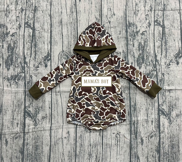 Embroidery Mama's Boy Baby Boys Brown Camo Hoodie Rompers Preorder 10.25