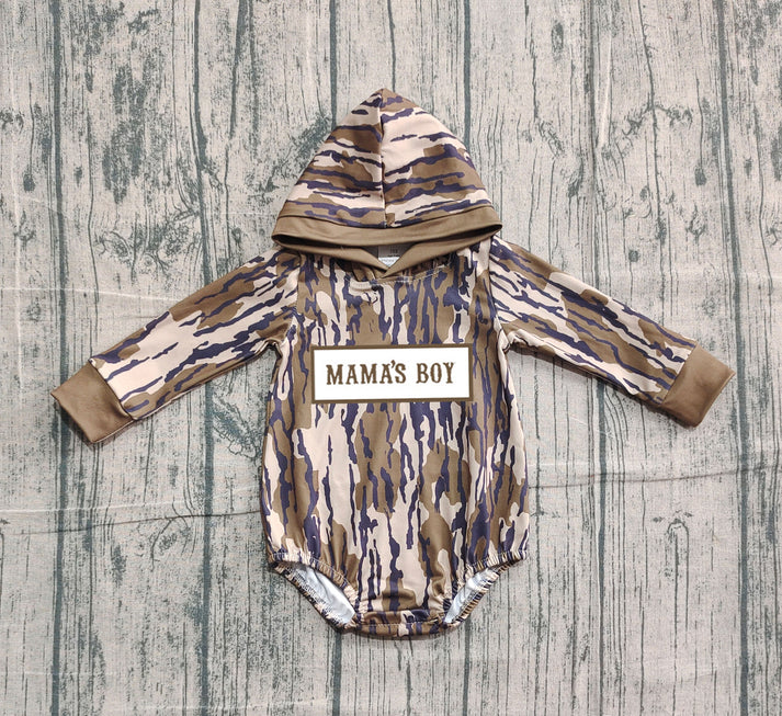 Embroidery Mama's Boy Baby Boys Olive Camo Hoodie Rompers Preorder 10.25