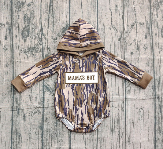 Embroidery Mama's Boy Baby Boys Olive Camo Hoodie Rompers Preorder 10.25