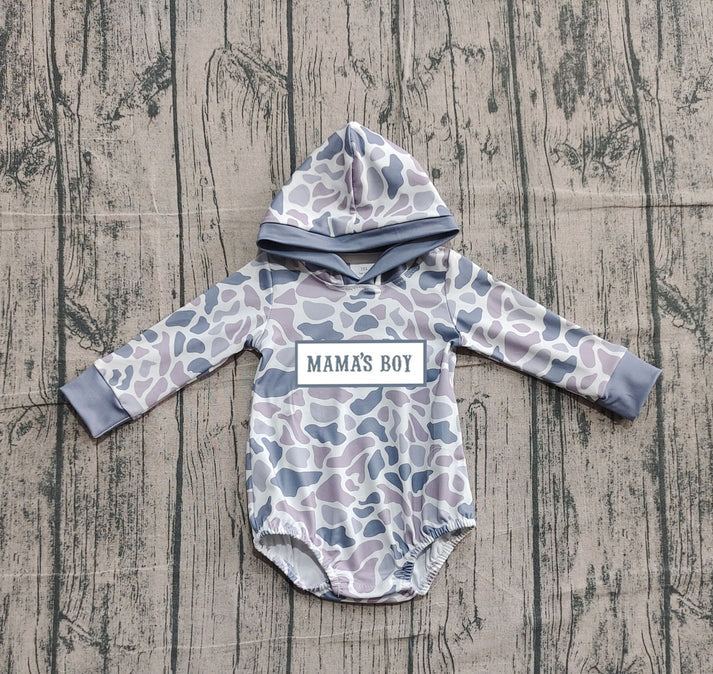 Embroidery Mama's Boy Baby Boys Grey Camo Hoodie Rompers Preorder 10.25