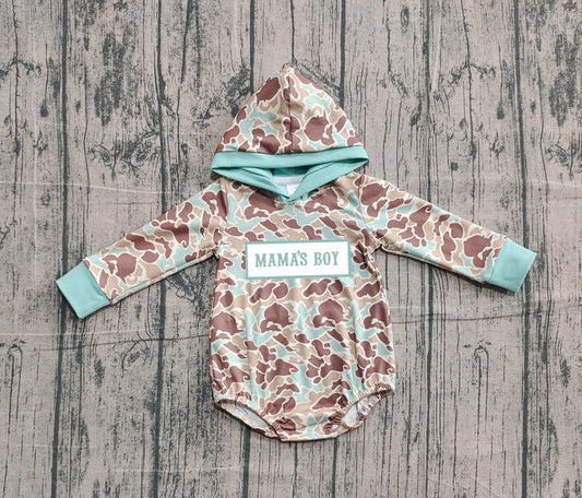 Embroidery Mama's Boy Baby Boys Green Camo Hoodie Rompers Preorder 10.25