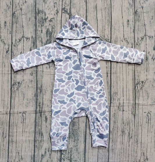 Baby Boys Grey Camo Hoodie Zipper Footie Rompers Preorder 10.24