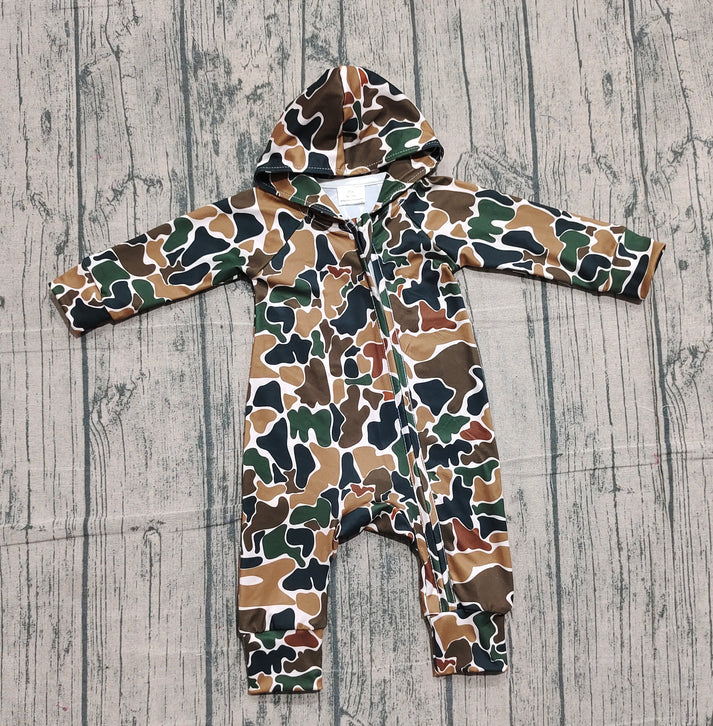 Baby Boys Dark Brown Camo Hoodie Zipper Footie Rompers Preorder LR2815 10.24
