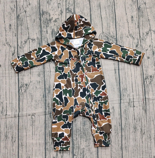 Baby Boys Dark Brown Camo Hoodie Zipper Footie Rompers Preorder LR2815 10.24