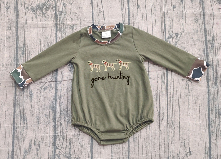 Embroidery Gone Hunting Dogs Baby Boys Olive Rompers Preorder LR2836 11.17