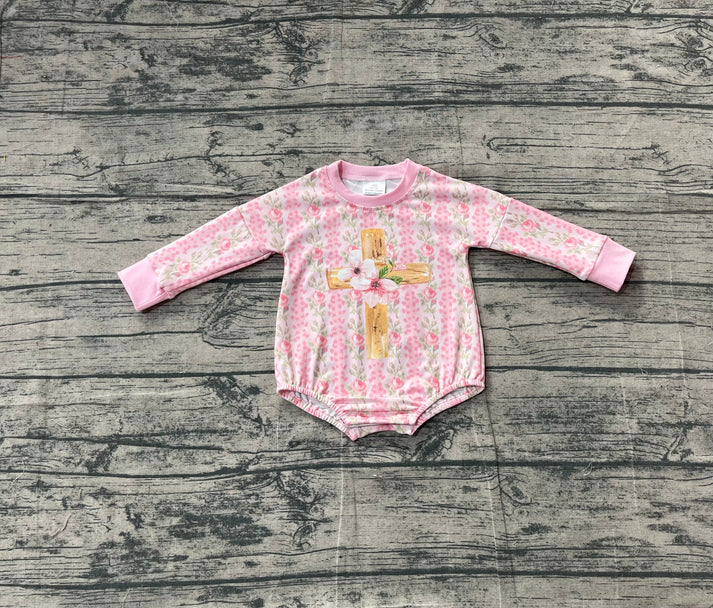 Baby Girls Pink Flowers Stripe Cross Easter Rompers Preorder 11.17 LR2837