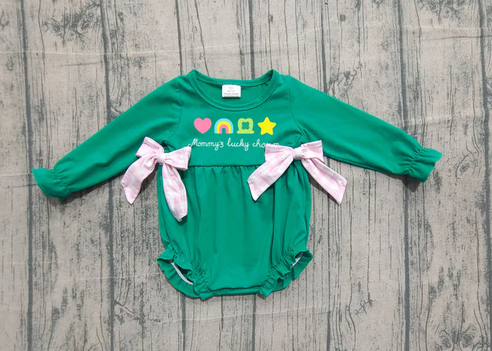 Embroidery Clovers Bows Baby Girls Green St Patrick Bows Ruffle Rompers Preorder LR2839 11.17