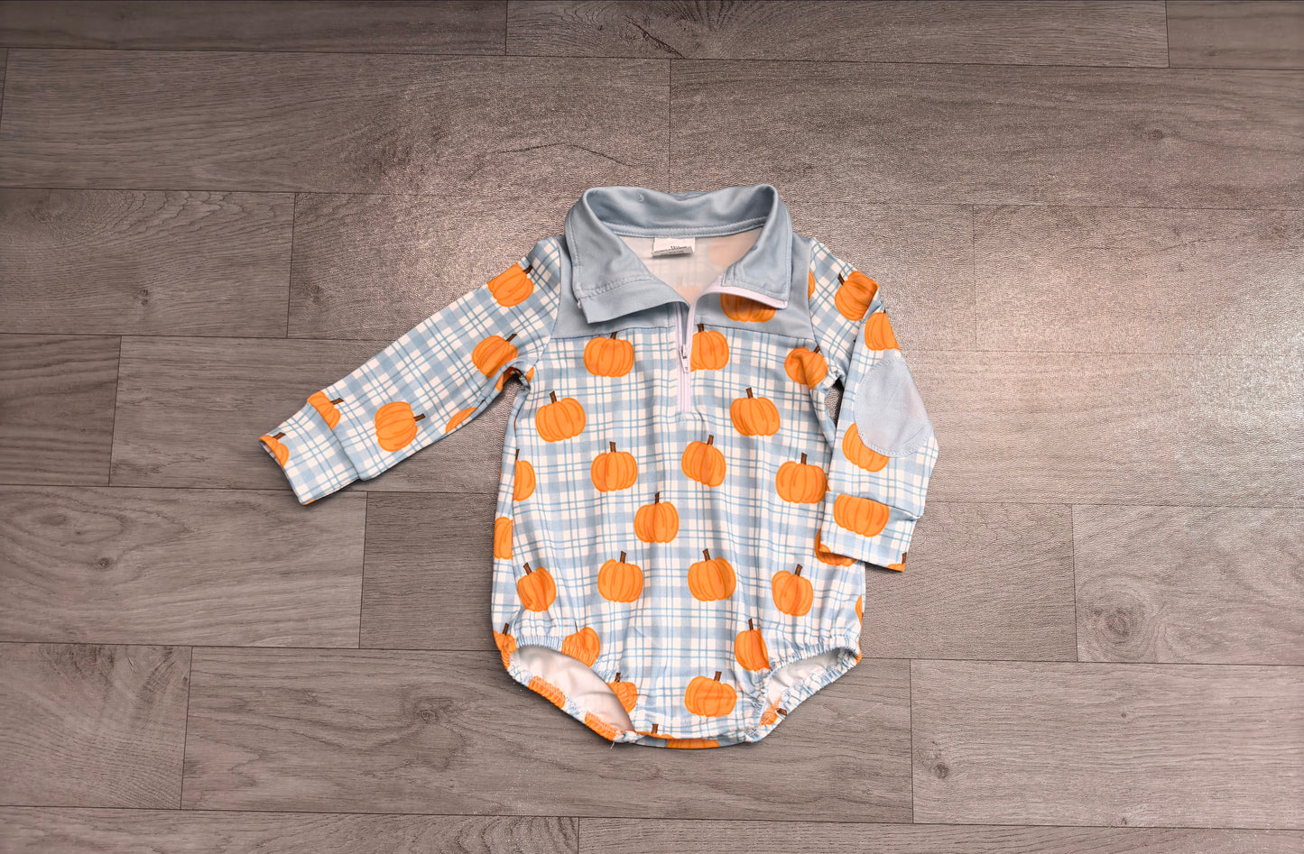 Baby Boys Rompers Blue Checked Pumpkins Fall Zip Long Sleeve Rompers Preorder LR3201