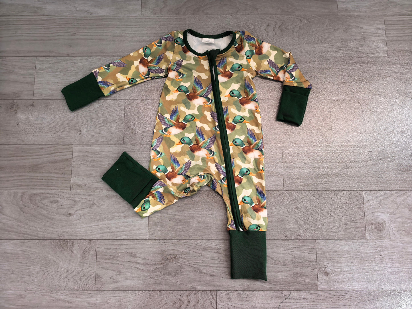 Baby Boys Green Camo Ducks Hunting Zip Rompers Preorder LR3249