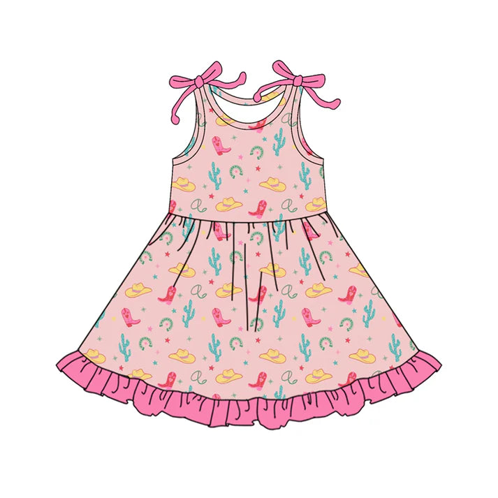 Preorder (moq 5)Baby Girls Bows Sleeveless Cactus Boots Hats Western Ruffle Knee Length Dresses 12.18