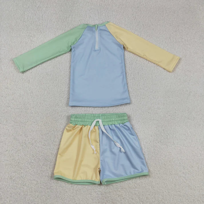Sibling Baby Kids Patchwork Long Sleeve Back Zip Top Bummies Short Swimsuits