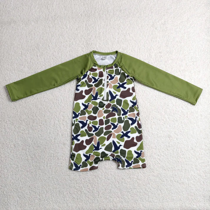 Sibling Baby Kids Green Brown Ducks Camo Hunting Romper Swimsuits