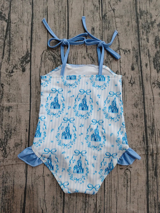 Baby Girls Strap Blue Stripe Bows Castles Swimsuits Preorder S0753