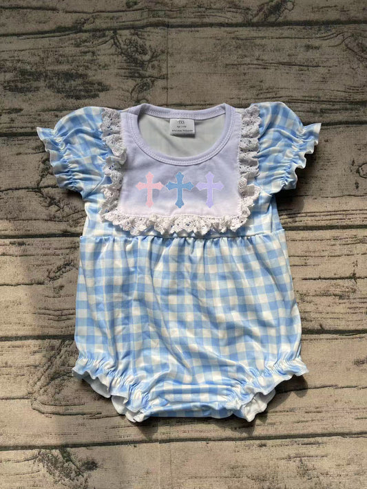 Baby Infant Girls Rompers Easter Blue Checkered Cross Rompers preorder SR2133