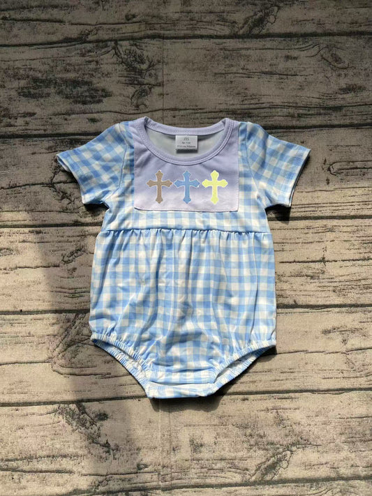 Baby Infant Boys Rompers Easter Blue Checkered Cross Rompers preorder SR2134