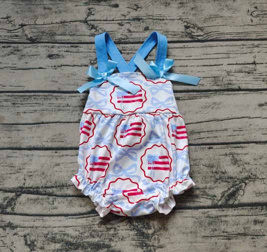Baby Infant Girls Rompers Blue Bows Flag Straps Rompers Preorder SR2691