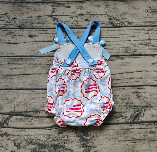Baby Infant Girls Rompers Blue Bows Flag Straps Rompers Preorder SR2691