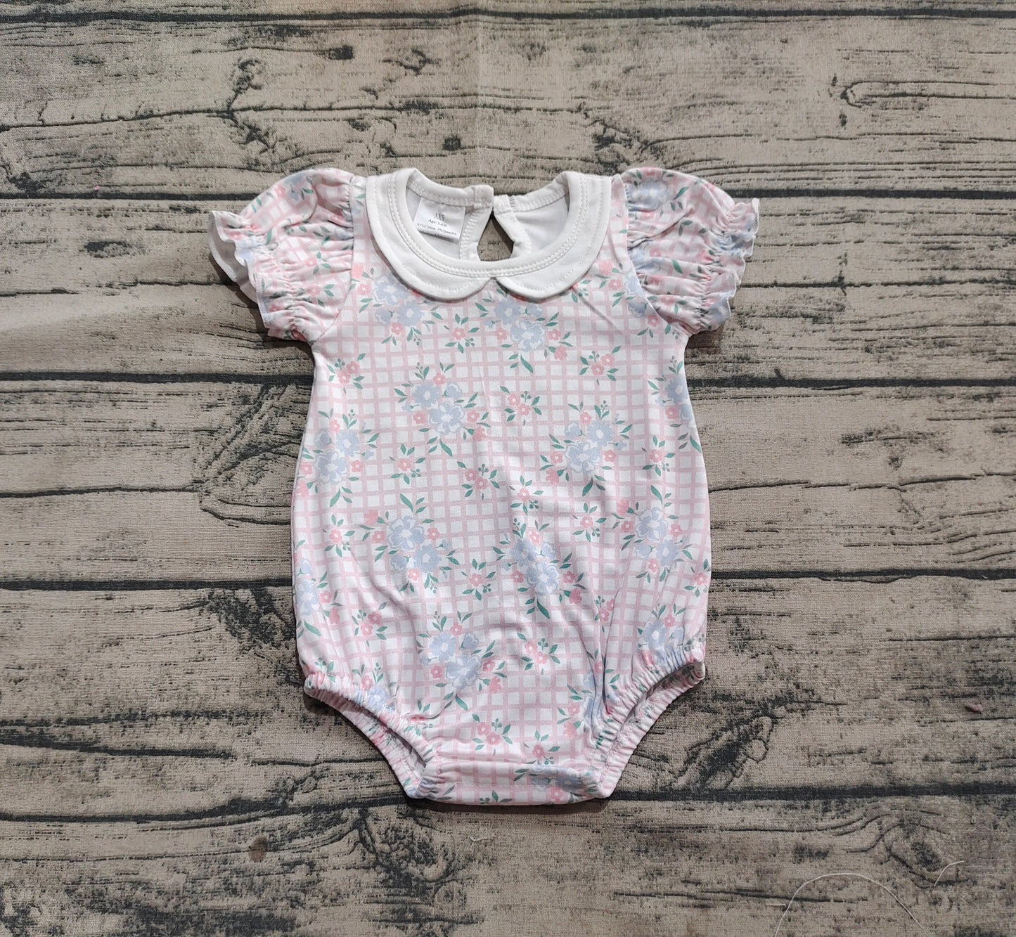 Baby Infant Girls Rompers Pink Checkered Flowers Short Sleeve Rompers preorder SR2878 3.12