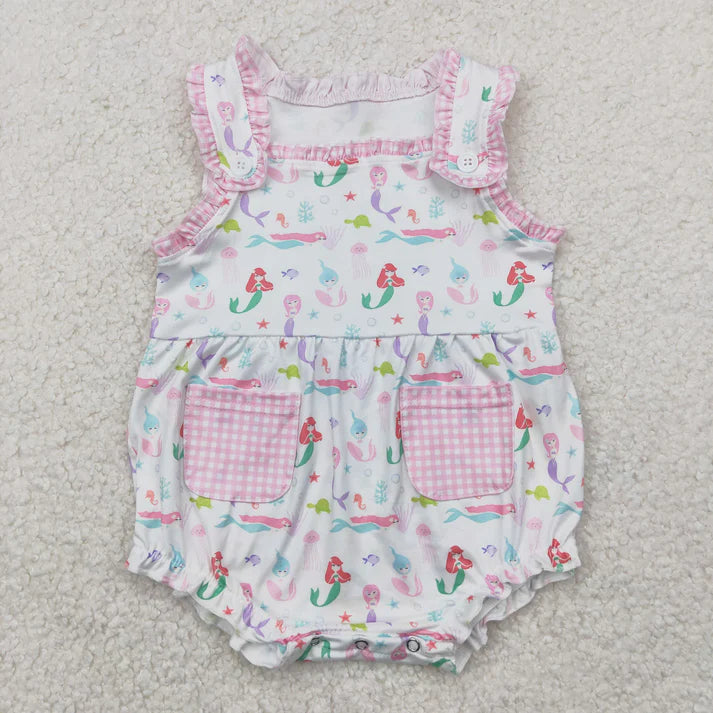 Sibling Baby Girls Sleeveless Mermaid Fishes Knee Length Dress Rompers