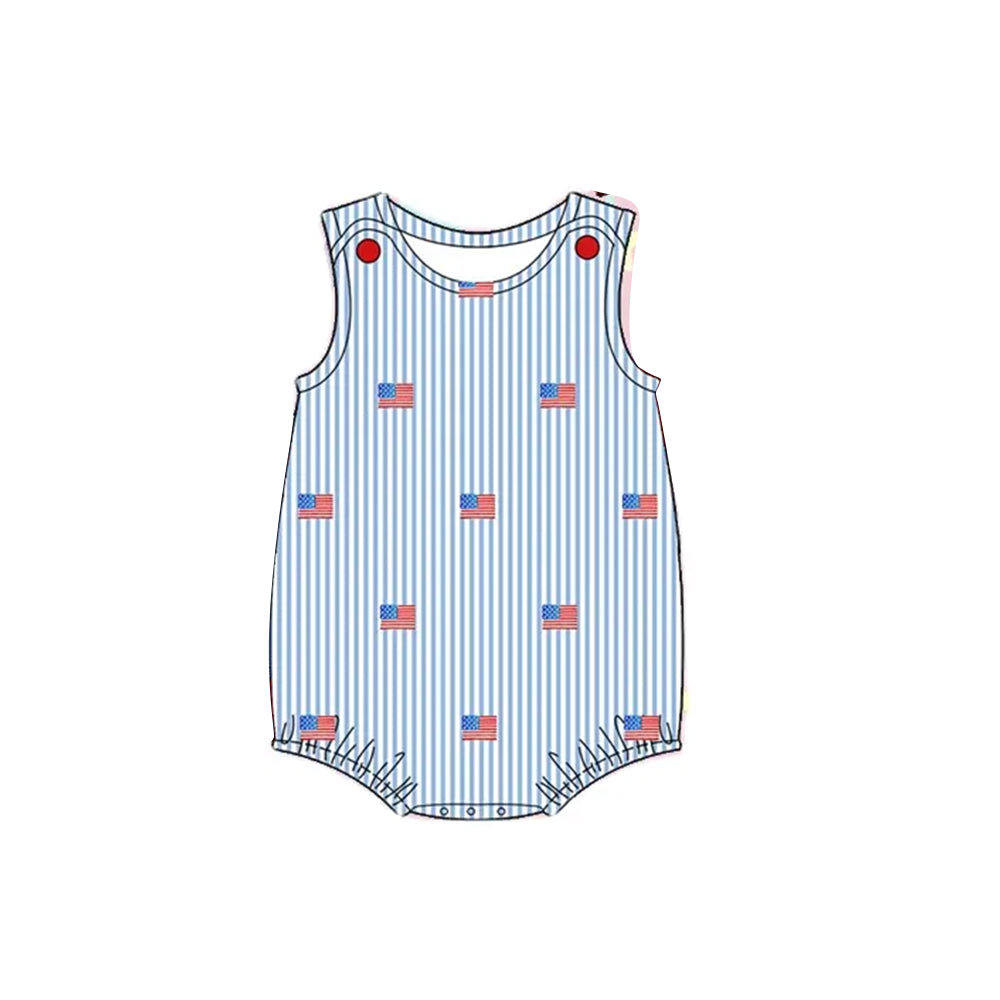 Baby Boys Rompers Blue Stripe Flutter Sleeves Flags Bow Top 4th Of July Rompers Preorder SR2928 3.4