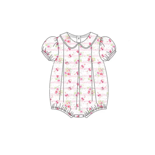 Baby Infant Girls Rompers Short Sleeves Pink Stripe Floral Ruffle Rompers Preorder SR2929 3.6