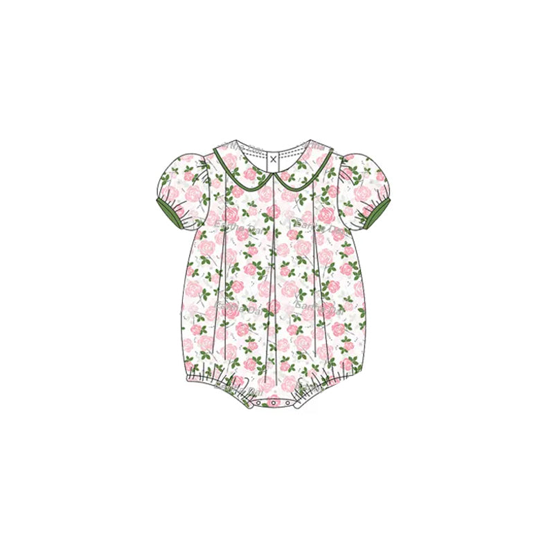 Baby Infant Girls Rompers Short Ruffle Sleeves Pink Floral Ruffle Rompers Preorder SR2930 3.6
