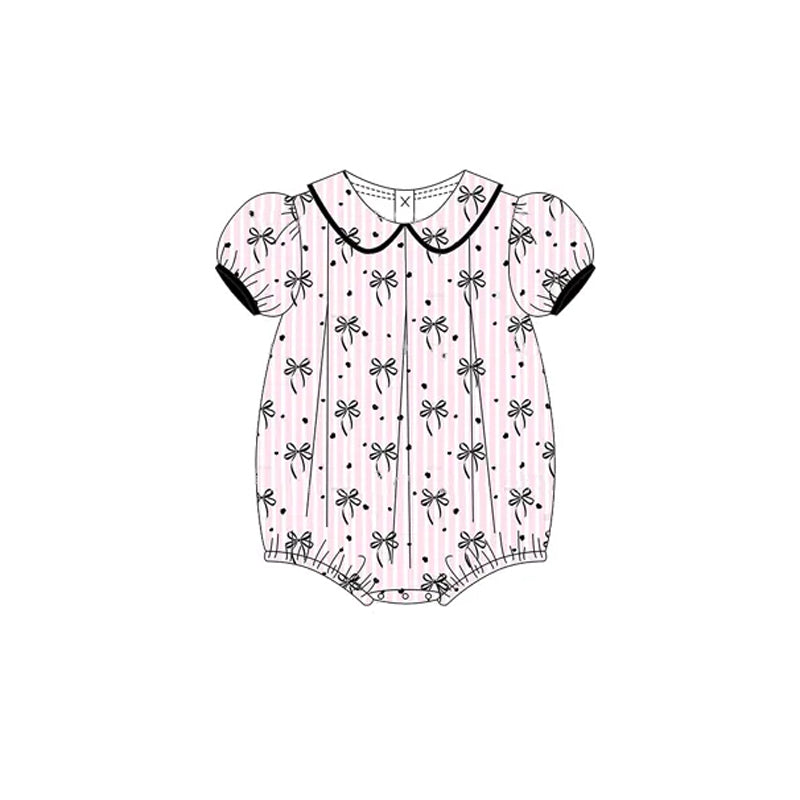 Baby Infant Girls Rompers Short Ruffle Sleeves Pink Stripe Black Bows Ruffle Rompers Preorder SR2932 3.6