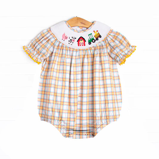 Baby Infant Girls Rompers Plaid Short Ruffle Sleeves Cows Pigs Farm Smocked Rompers Preorder SR2982