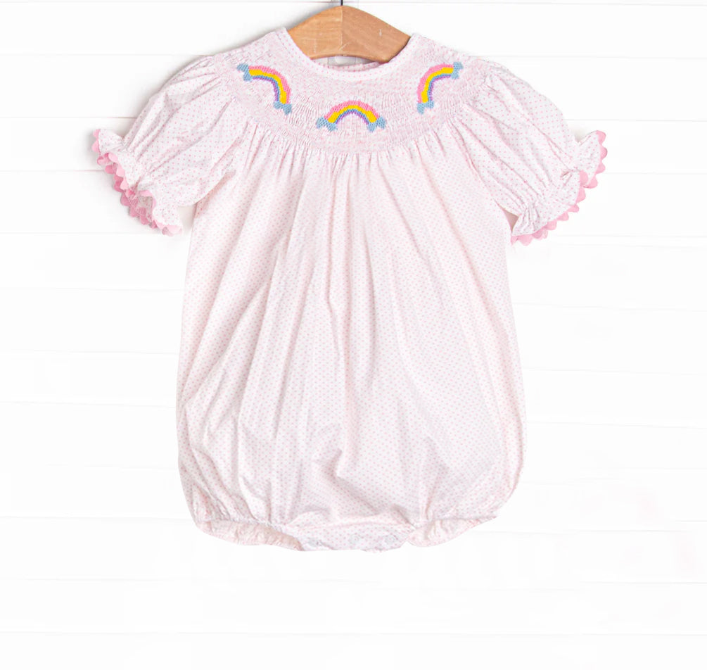 Baby Infant Girls Rompers Pink Polka Dots Short Ruffle Sleeves Rainbows Smocked Rompers Preorder SR2983 3.14