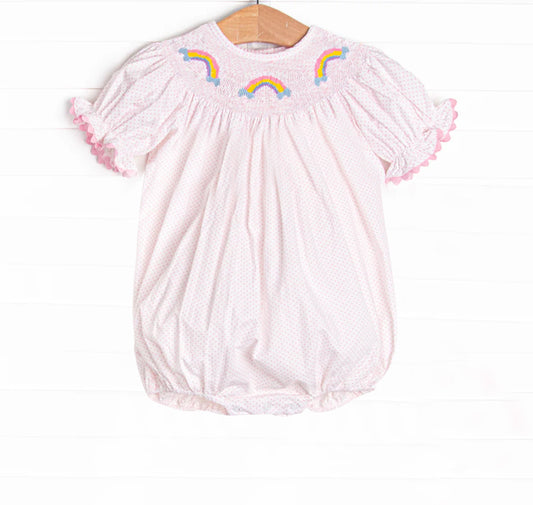 Baby Infant Girls Rompers Pink Polka Dots Short Ruffle Sleeves Rainbows Smocked Rompers Preorder SR2983 3.14