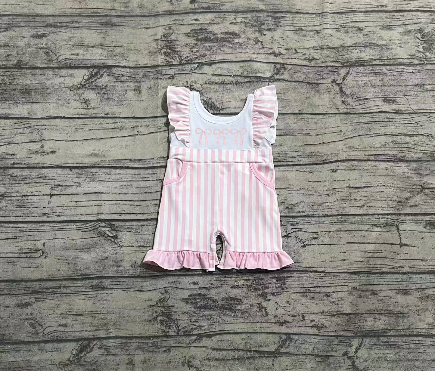 Baby Girls Rompers Flutter Sleeves Pink Bows Embroidery Jumpsuits Preorder SR3025 3.26