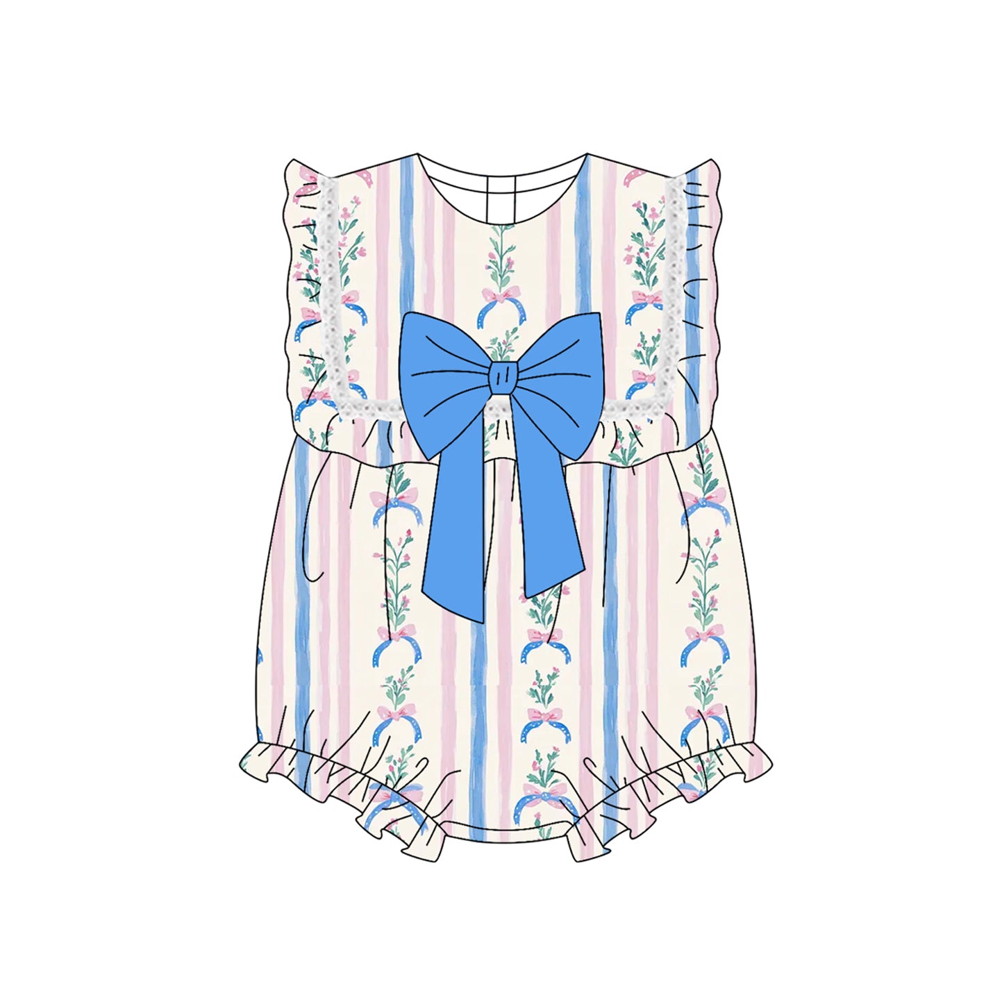 Baby Girls Rompers Floral Stripe Blue Bow Ruffle Rompers Preorder SR3045 3.27
