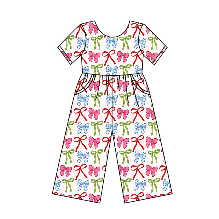 Baby Girls Jumpsuits Short Sleeves Pink Blue Green Bows Plaid Pockets Pant Jumpsuits Preorder SR3145 5.30