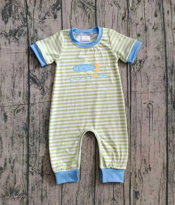 Embroidery Fishing Baby Boys Stripe Hunting Footie Rompers Preorder 10.25
