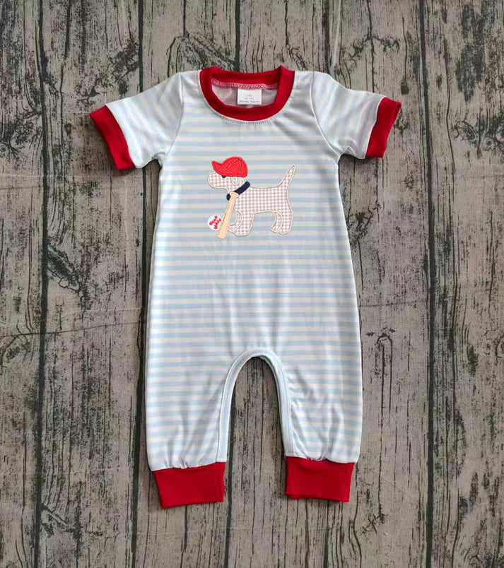 Embroidery Dog Baseballs Baby Boys Stripe Footie Rompers Preorder 10.25