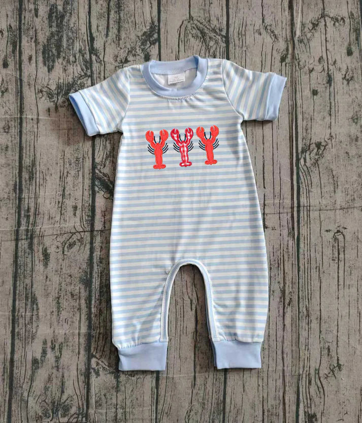 Embroidery Crayfishes Baby Boys Grey Stripe Footie Rompers Preorder SR3333 10.24