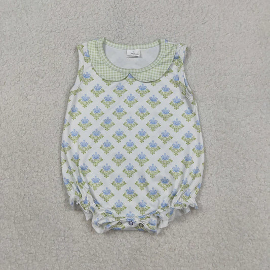 Sibling Baby Girls Flowers Checked Collar Scallop Tunic Ruffle Short Clothes Set Rompers